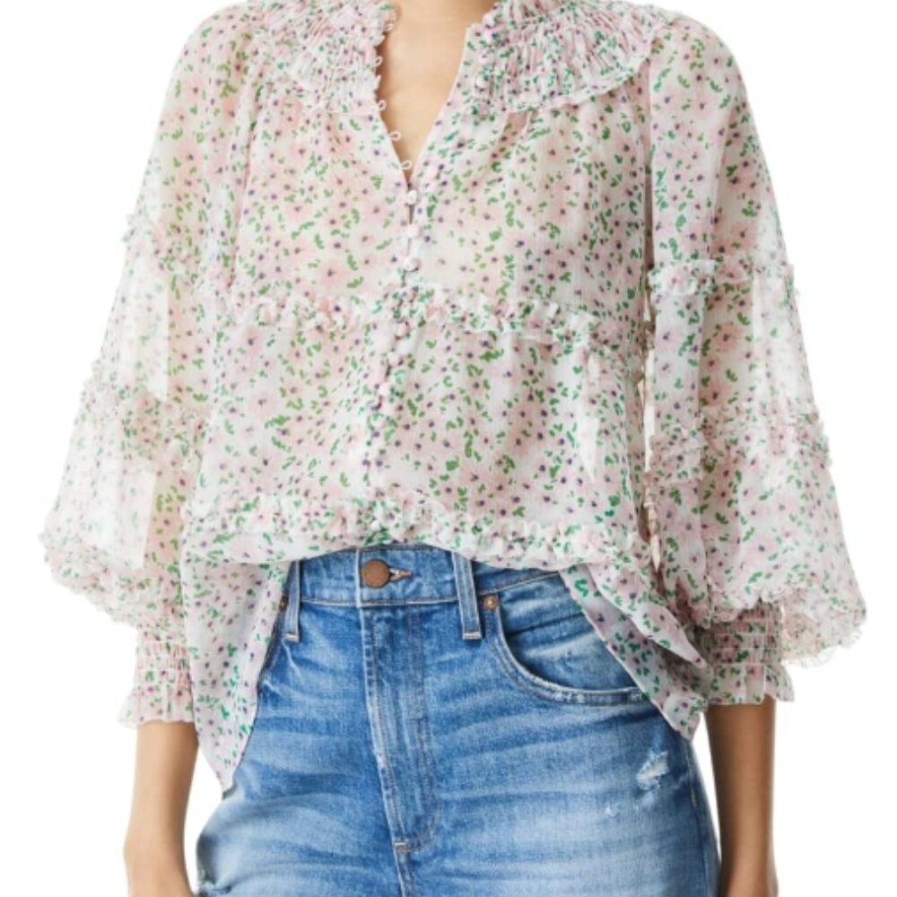 Alice + Olivia Margery Ruffle Tiered Floral Blouse XS $395